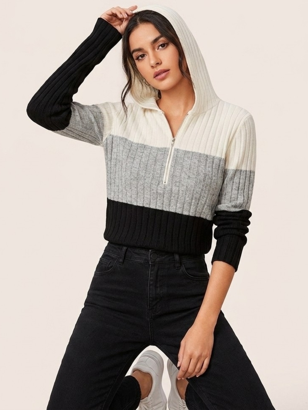 Colorblock Ribbed Knit Hoodie Sweater Off-White Grey Black Quarter Zip Lg Shein
